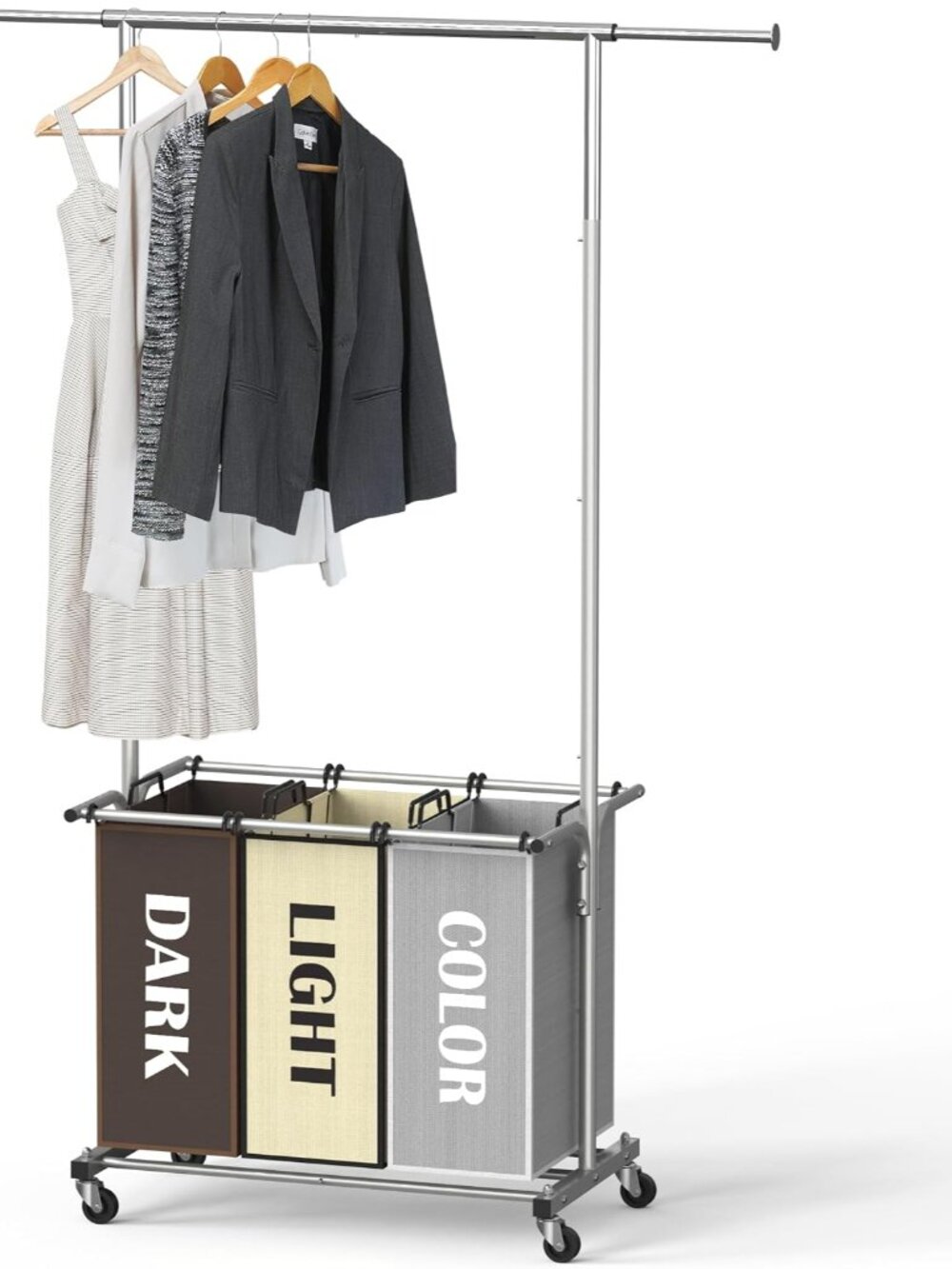 3 Bags Laundry Sorter Cart with Hanging Rod, Multi Color
